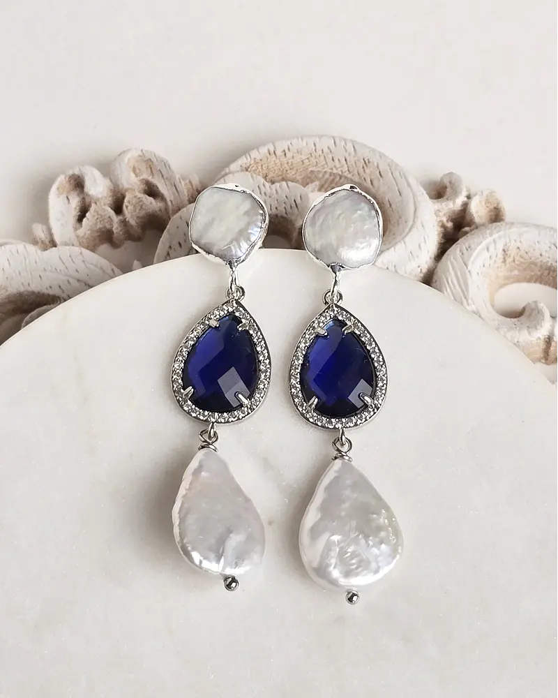 Aros con perla y cristal azul