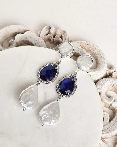 Aros con perla y cristal azul