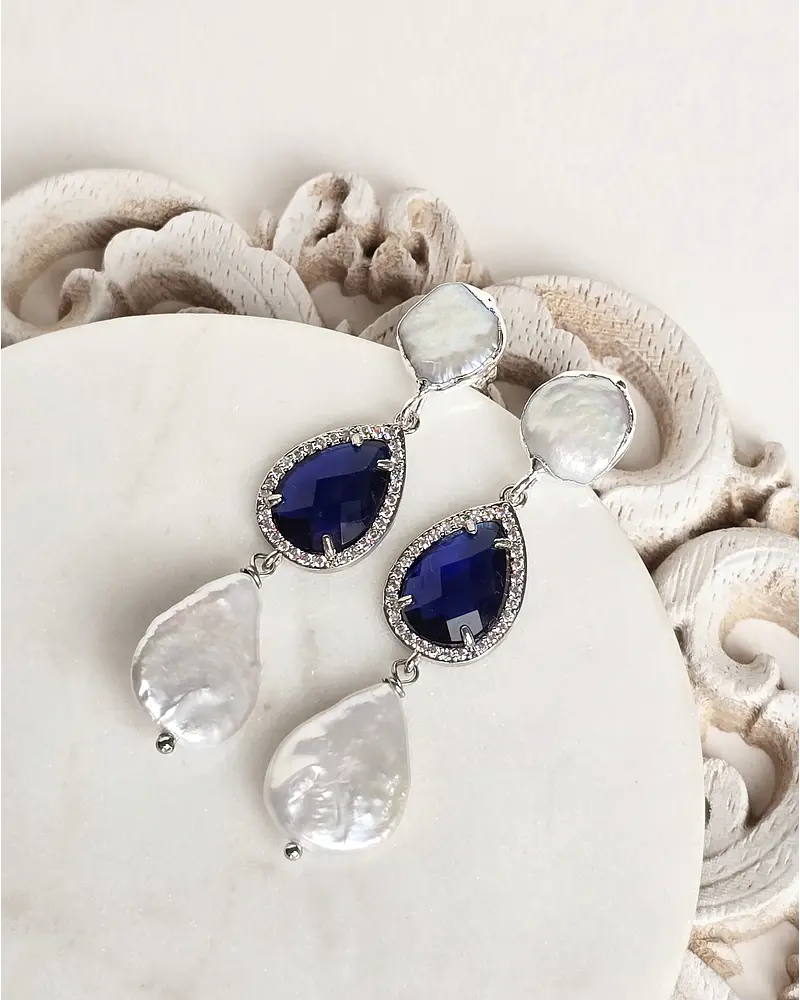 Aros con perla y cristal azul