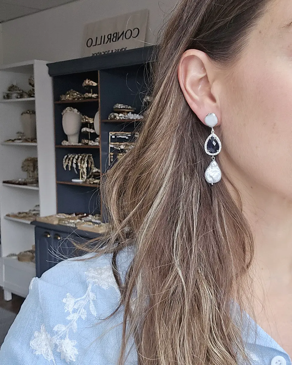 Aros con perla y cristal azul 3