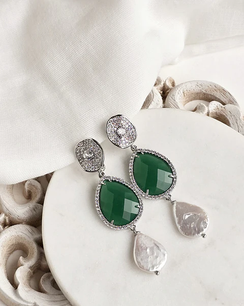Aros cristal verde y perla