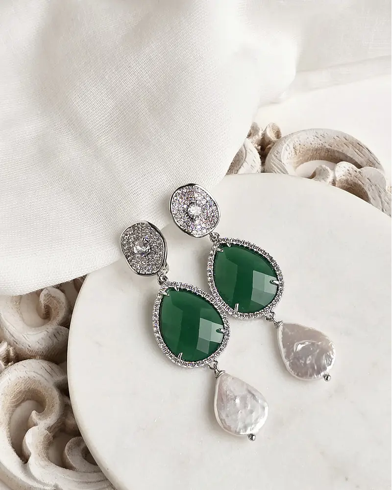 Aros cristal verde y perla