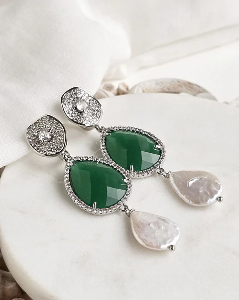 Aros cristal verde y perla
