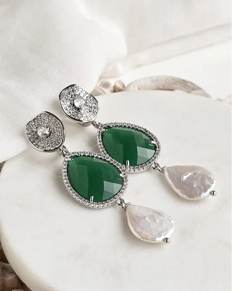 Aros cristal verde y perla