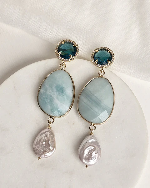 Aros cristal petróleo piedra celeste y perla