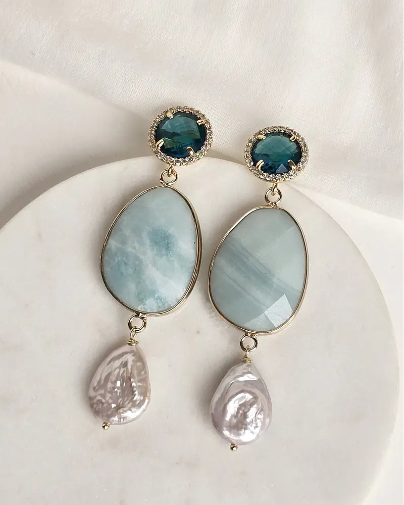 Aros cristal petróleo piedra celeste y perla