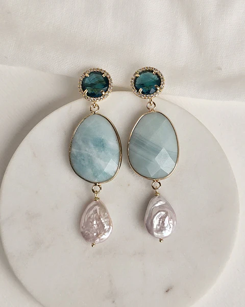 Aros cristal petróleo piedra celeste y perla