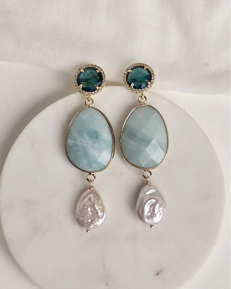 Aros cristal petróleo piedra celeste y perla