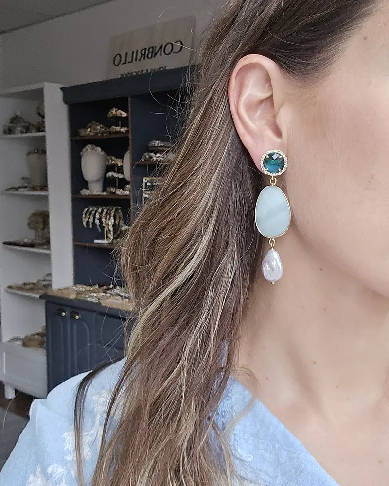 Aros cristal petróleo piedra celeste y perla