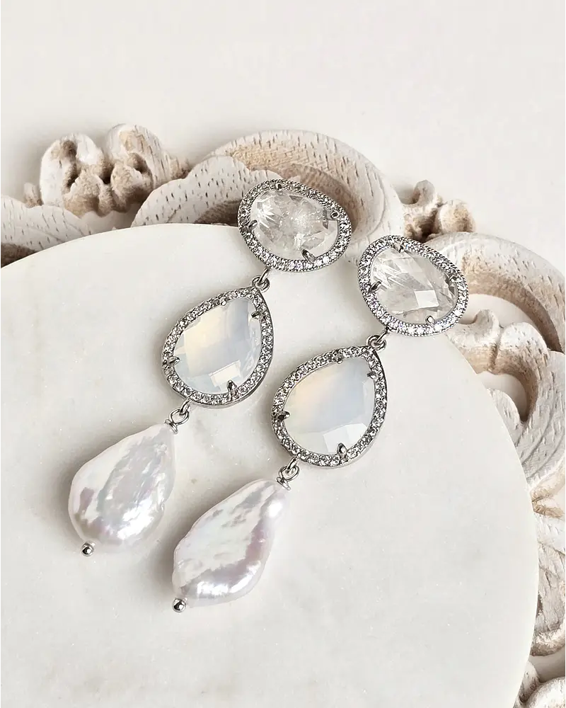 Aros cuarzo, cristal blanco y perla