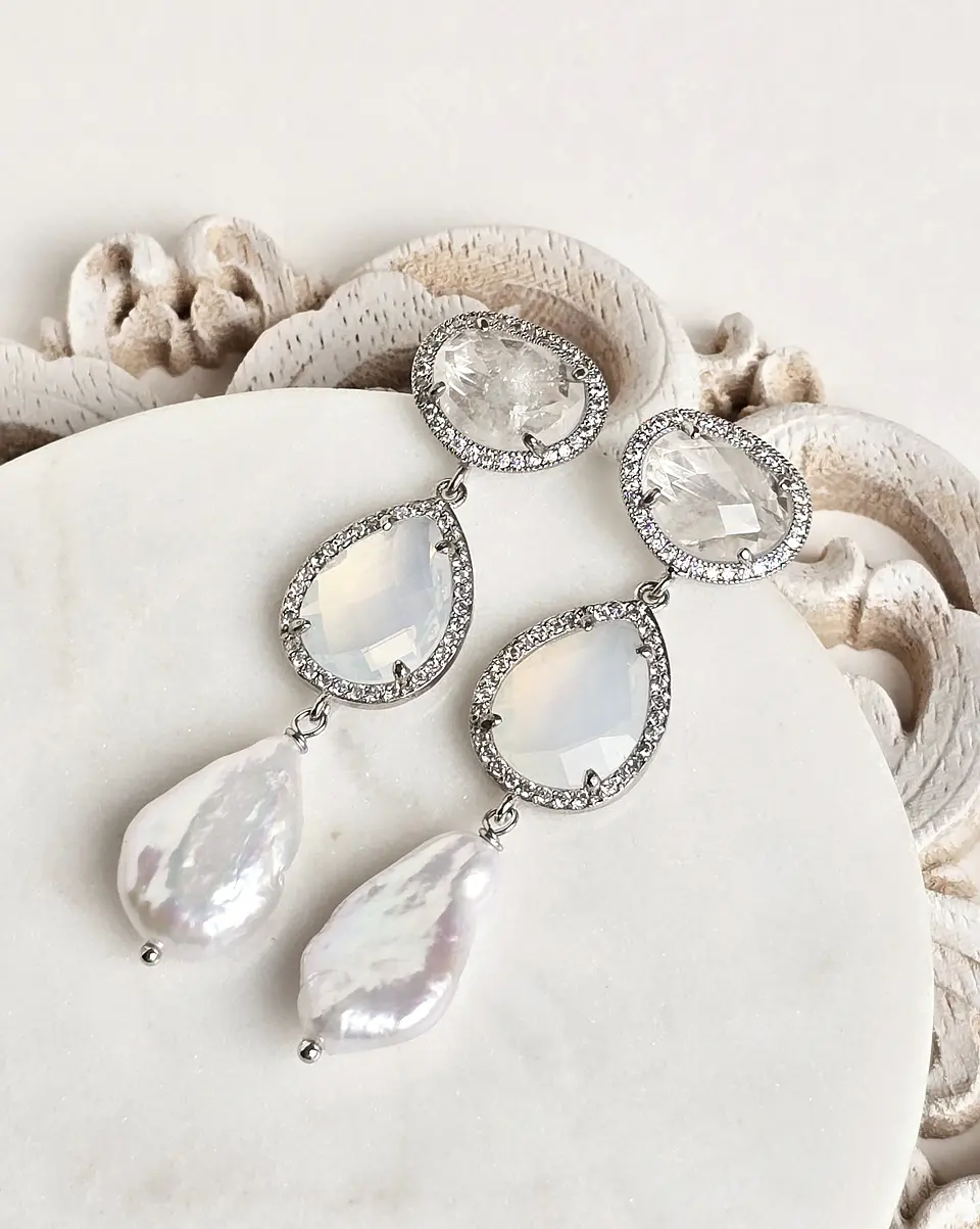Aros cuarzo, cristal blanco y perla 1