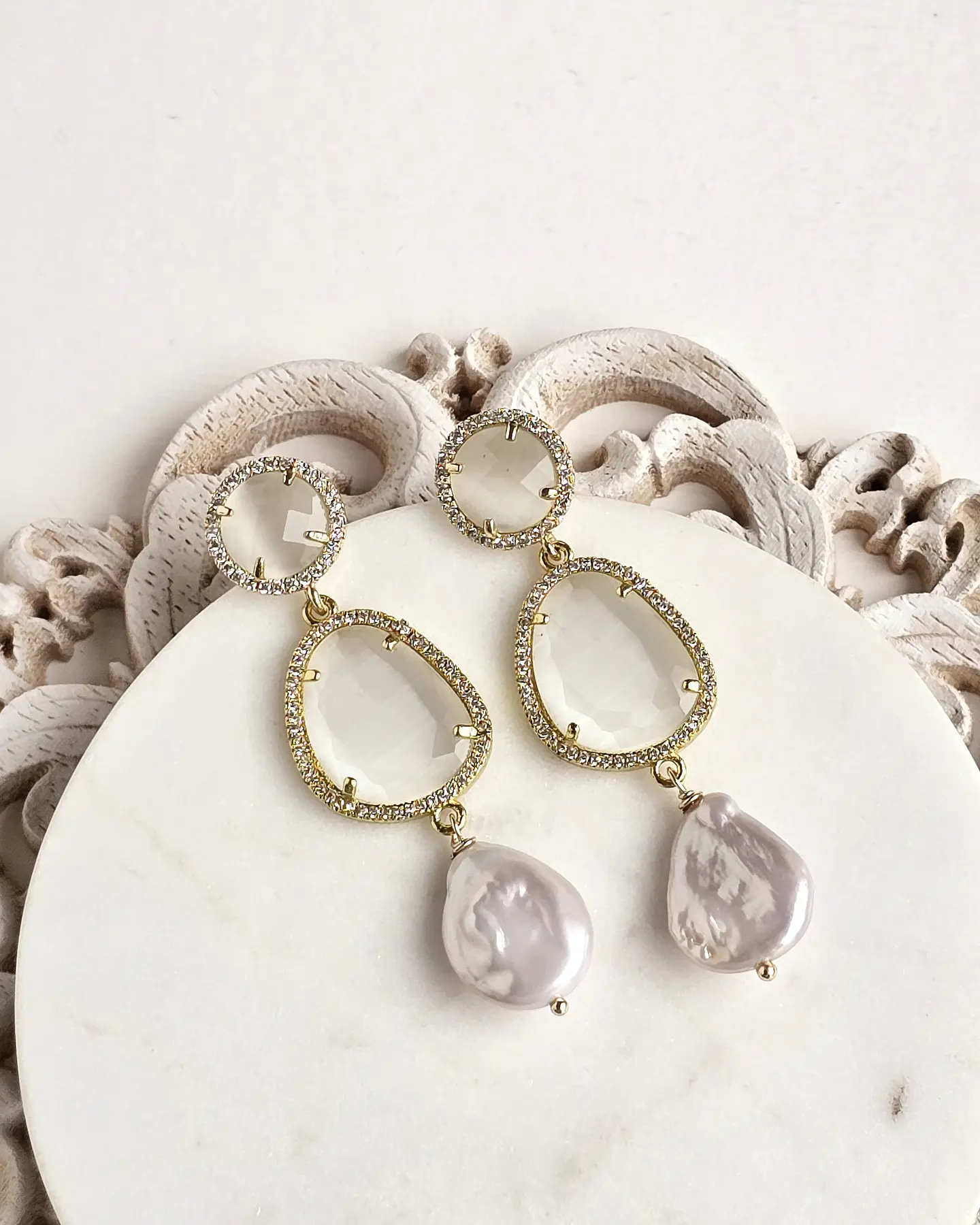 Aros cristal blanco y perla natural 1