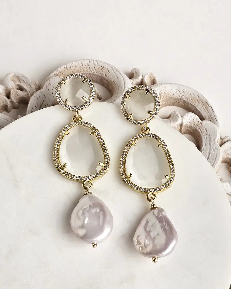 Aros cristal blanco y perla natural
