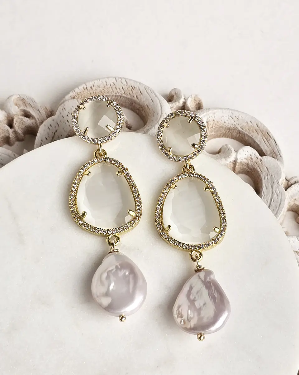 Aros cristal blanco y perla natural 2