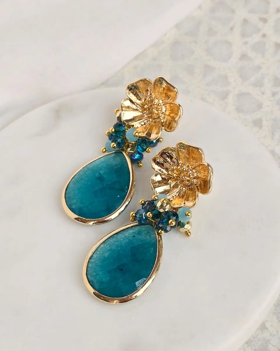 Aros flor con jade petróleo con racimo 1