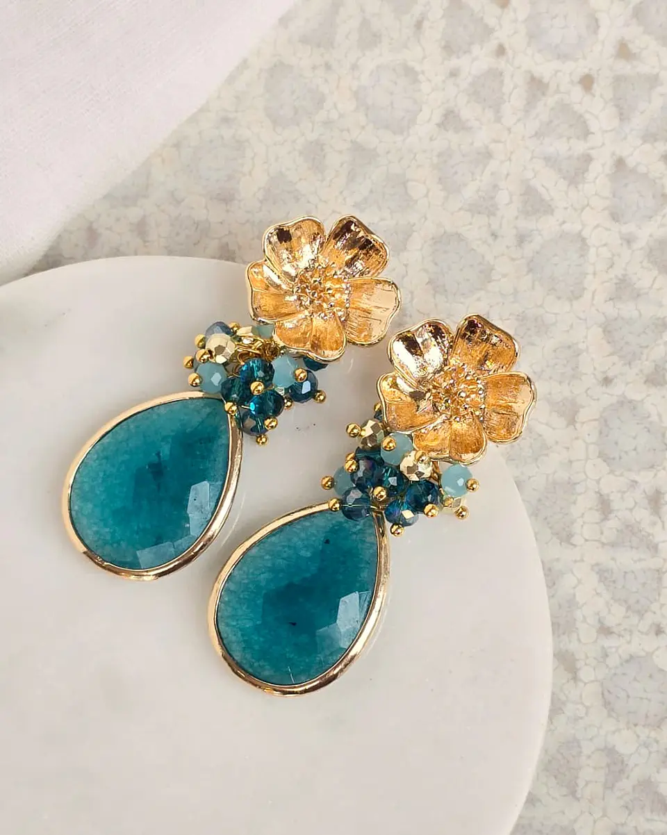 Aros flor con jade petróleo con racimo 2