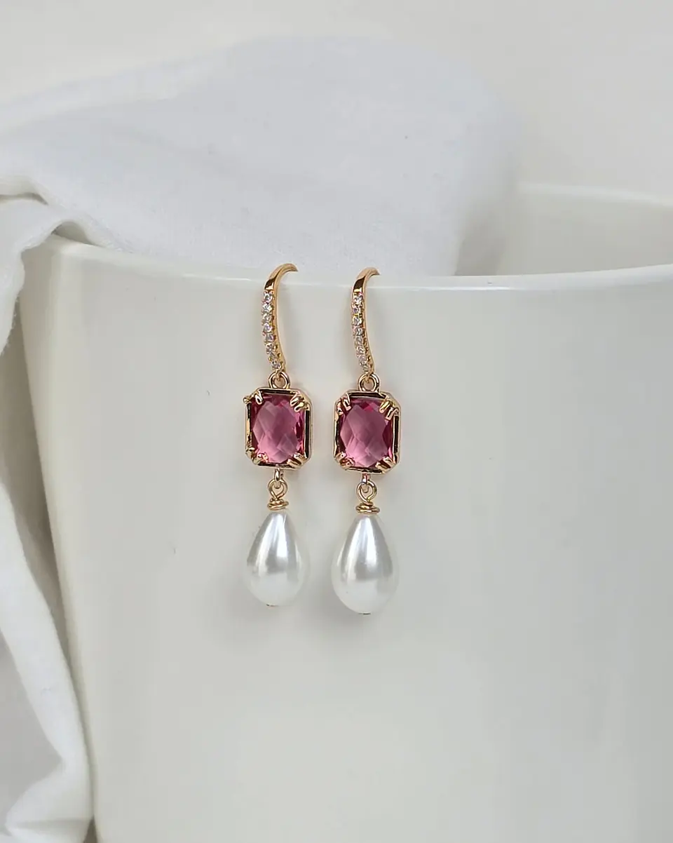 Aros circonita, cristal color y perla gold 3