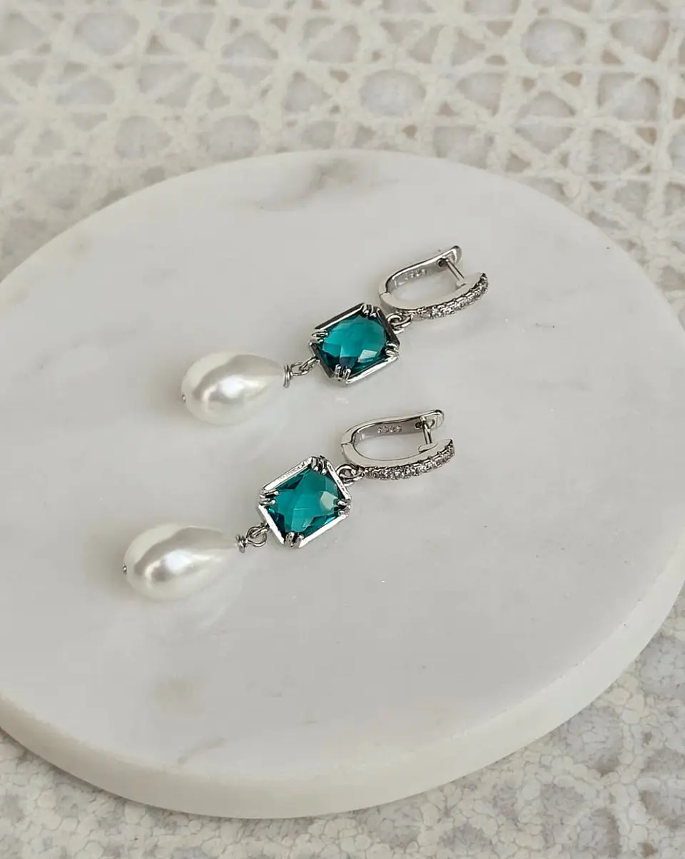 Aros circonitas, cristal color y perla silver 2