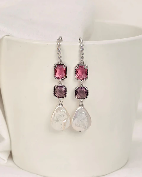 Aros circonita, doble cristal color y perla natural