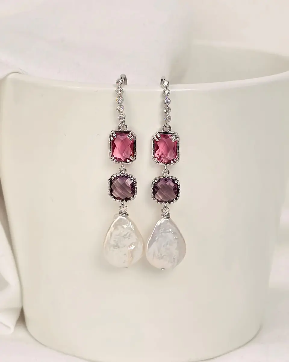 Aros circonita, doble cristal color y perla natural 1