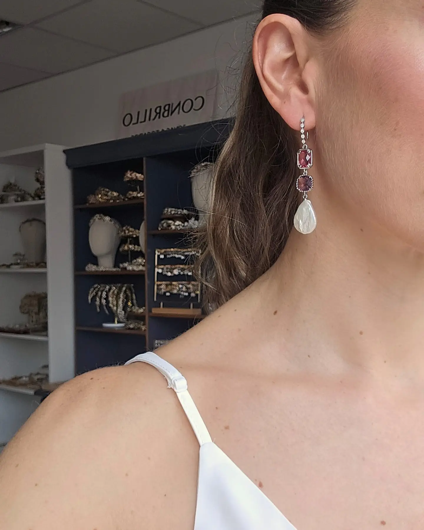 Aros circonita, doble cristal color y perla natural 3