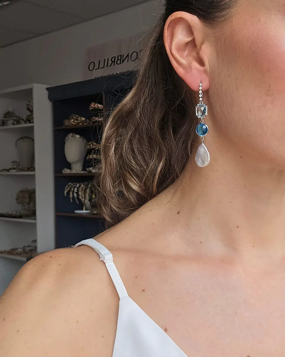 Aros circonita, doble cristal color y perla natural 4