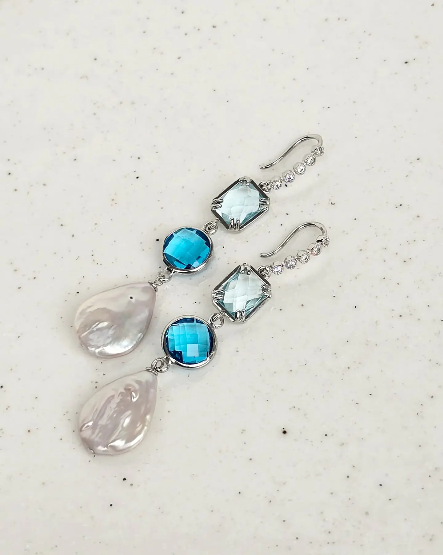 Aros circonita, doble cristal color y perla natural 2