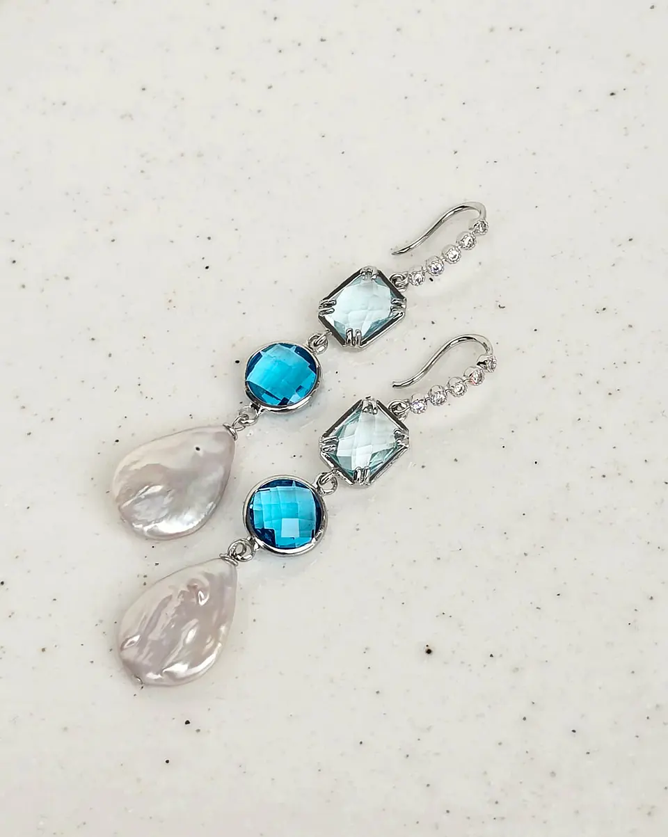 Aros circonita, doble cristal color y perla natural 2