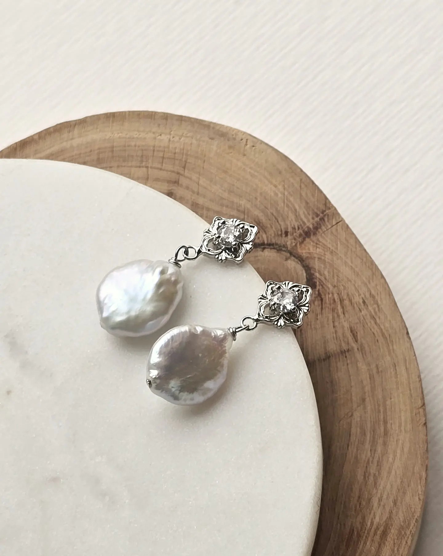 Aros rombo vintage y perla natural plata 3