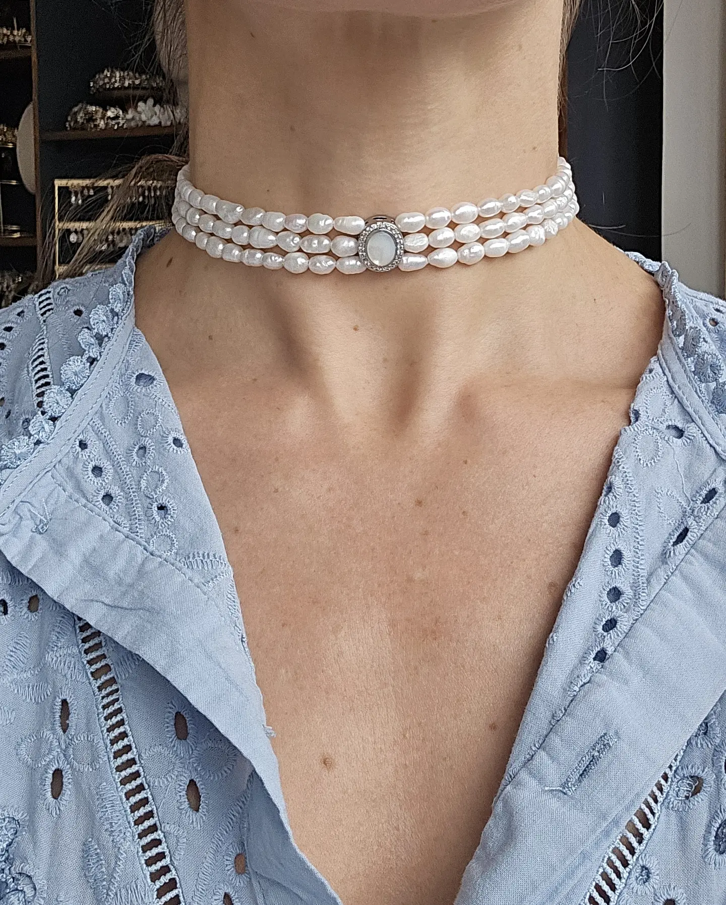 Choker perlas triple centro concha perla 3