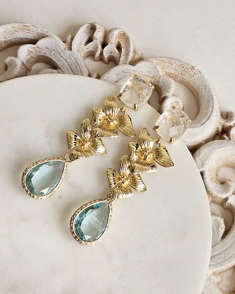 Aros cuarzo doble flor y cristal celeste