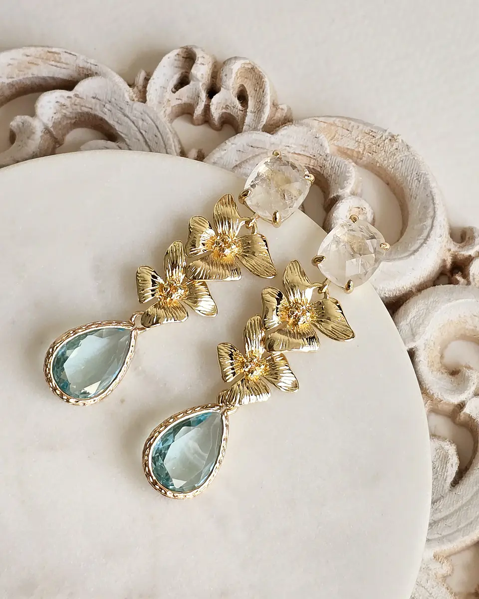 Aros cuarzo doble flor y cristal celeste 1