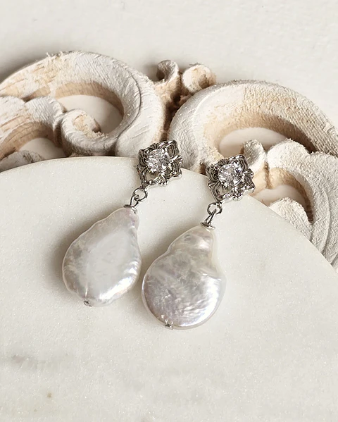Aros rombo vintage y perla natural plata