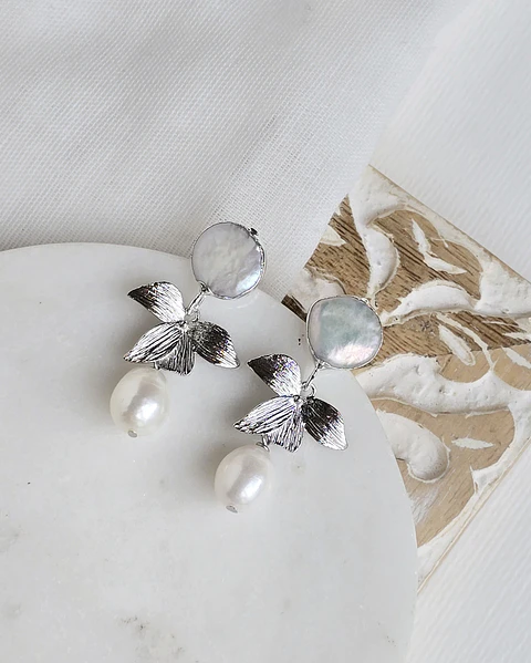 Aros perla hoja perla silver