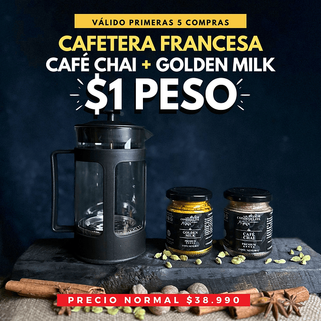 Oferta Flash🌟 Cafetera Francesa + Café Chai y Golden Milk