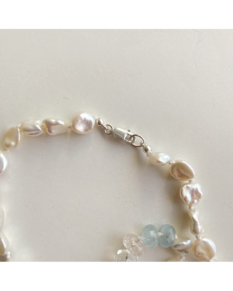 Collar perlas de rio, aguamarina y cuarzo cristal 