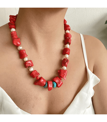 Collar coral, perlas y turquesa 