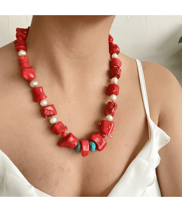 Collar coral, perlas y turquesa 