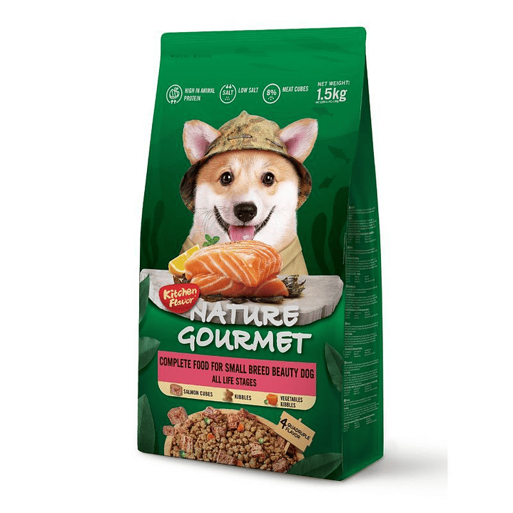 KitchenFlavor Nature Gourmet Salmón Alimento Premiun completa para razas pequeños cuidado del pelaje y la piel para todas las etapas de la vida 1