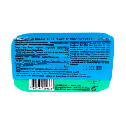 Pack de 5 Conservas de Cachaço de Bacalhau com Azeite Virgem Extra BIO (Papa Anzóis)
