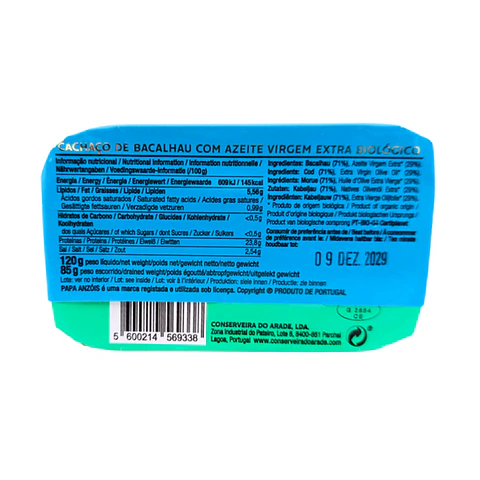 Pack de 5 Conservas de Cachaço de Bacalhau com Azeite Virgem Extra BIO (Papa Anzóis)