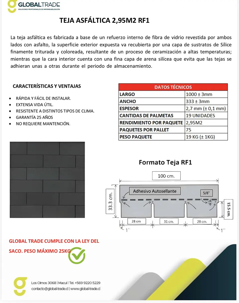 Teja asfaltica 2.95 mt2 2