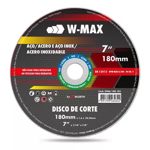Disco Corte Inox W-Max Rush 180x1,6x22 | Corte Preciso | Servicio DI