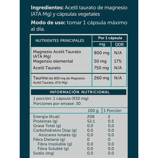 Ata Mg Magnesio Acetil Taurato Pure 30 cápsulas 2