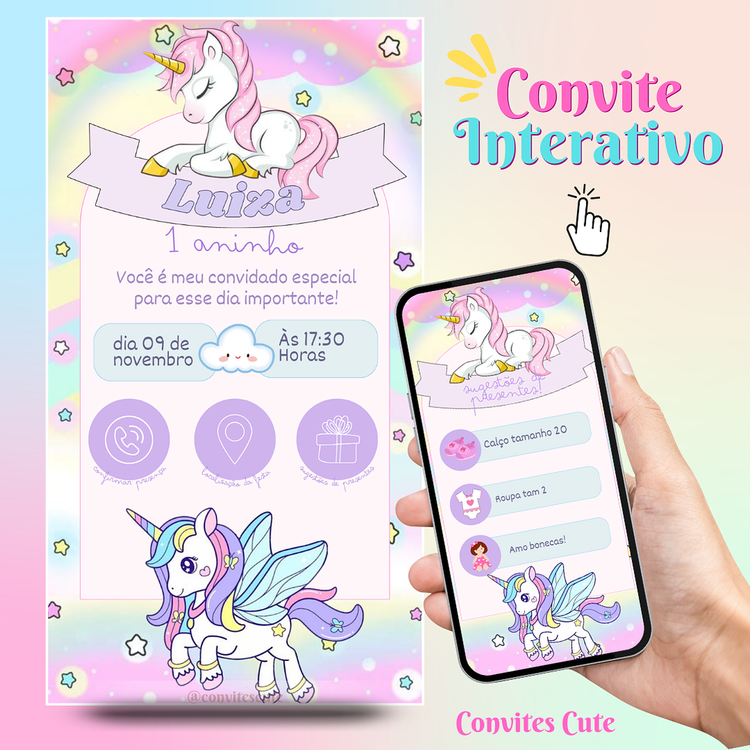 Convite Interativo (COM ou SEM) Sugestão de Presente - Unicórnio  1