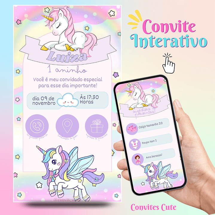 Convite Interativo (COM ou SEM) Sugestão de Presente - Unicórnio  1
