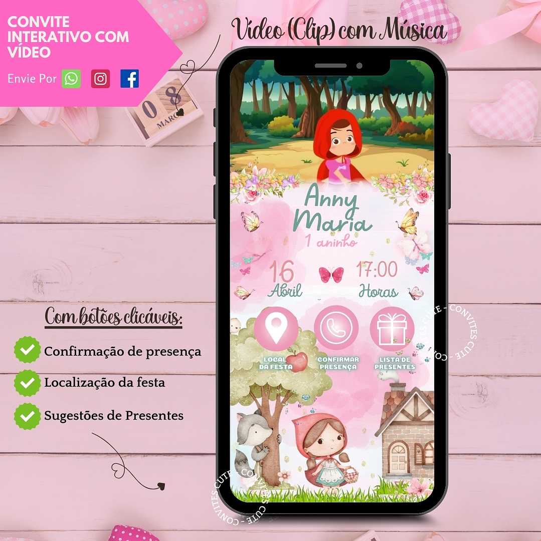 Convite Interativo com Vídeo (COM ou SEM Sugestão de Presente) - Chapeuzinho Vermelho 3