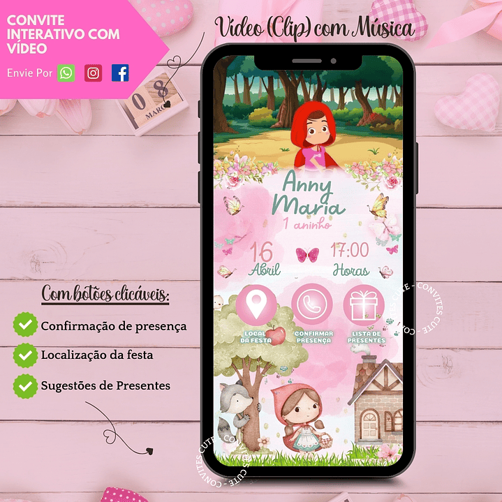 Convite Interativo com Vídeo (COM ou SEM Sugestão de Presente) - Chapeuzinho Vermelho 3