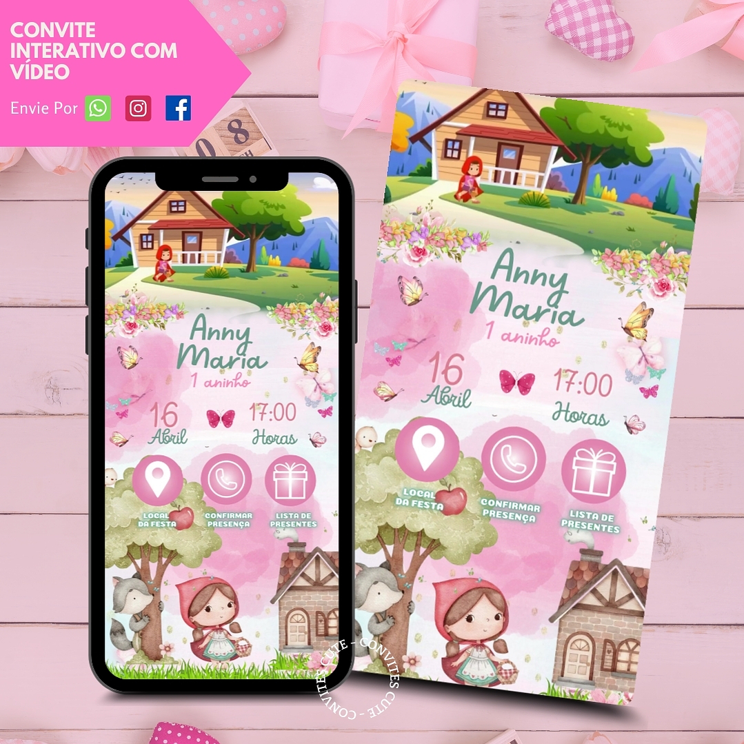 Convite Interativo com Vídeo (COM ou SEM Sugestão de Presente) - Chapeuzinho Vermelho 2