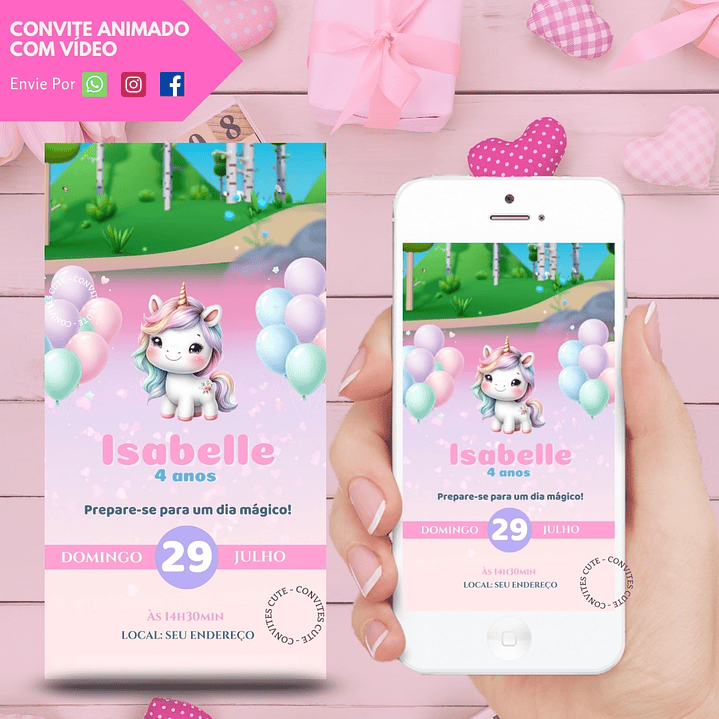 Convite Animado com Vídeo Unicórnio  1